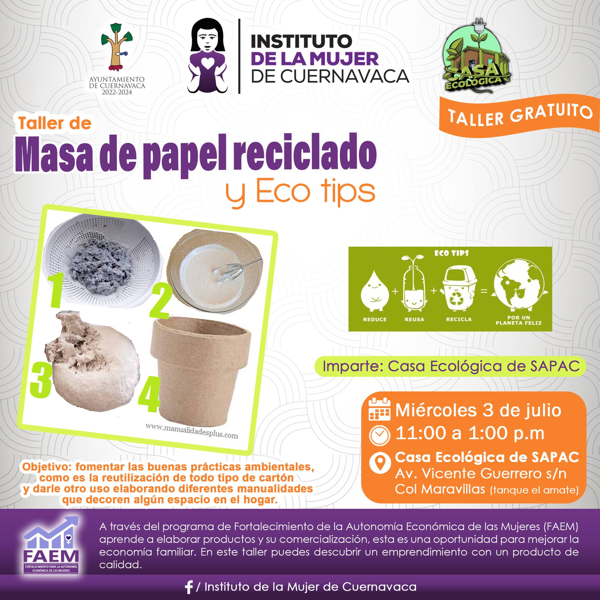 Taller de Masa de papel reciclado - Instituto de la Mujer de Cuernavaca - Casa Ecológica de SAPAC