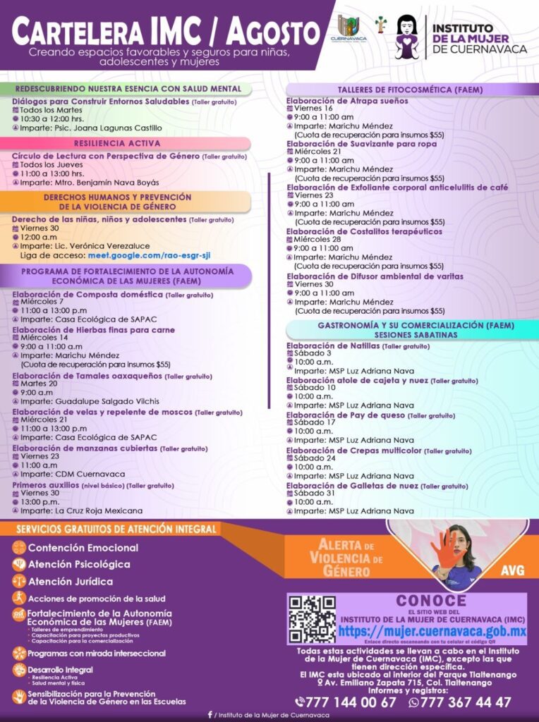 Cartelera agosto 2024 - Instituto de la Mujer de Cuernavaca