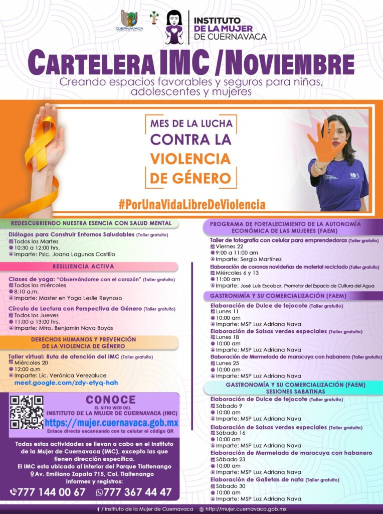 Cartelera noviembre 2024 - Instituto de la Mujer de Cuernavaca