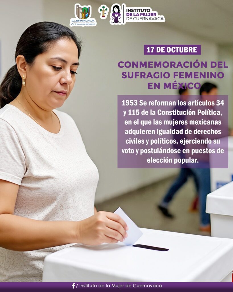 Imagen conmemorativa del aniversario del sufragio femenino en México, con elementos visuales en tonos morados que representan igualdad, derechos y participación de las mujeres.