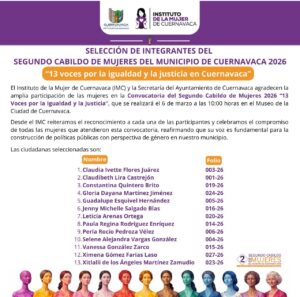 Listado de ciudadanas seleccionadas para participar en el Segundo Cabildo de Mujeres de Cuernavaca 2026, un espacio de participación impulsado por el Instituto de la Mujer de Cuernavaca y la Secretaría del Ayuntamiento.