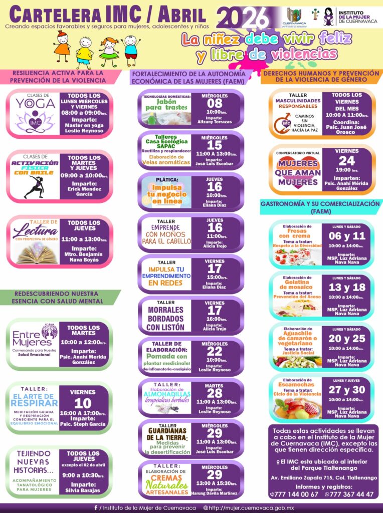 Cartelera de abril - Instituto de la Mujer de Cuernavaca (IMC)