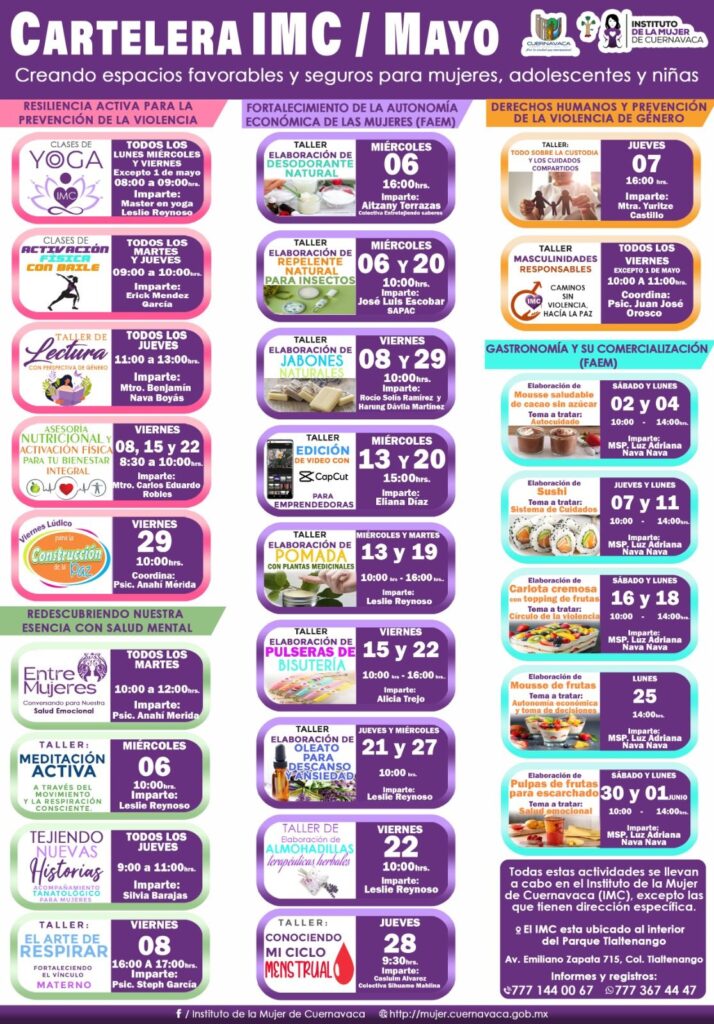Cartelera de mayo - Instituto de la Mujer de Cuernavaca 2026