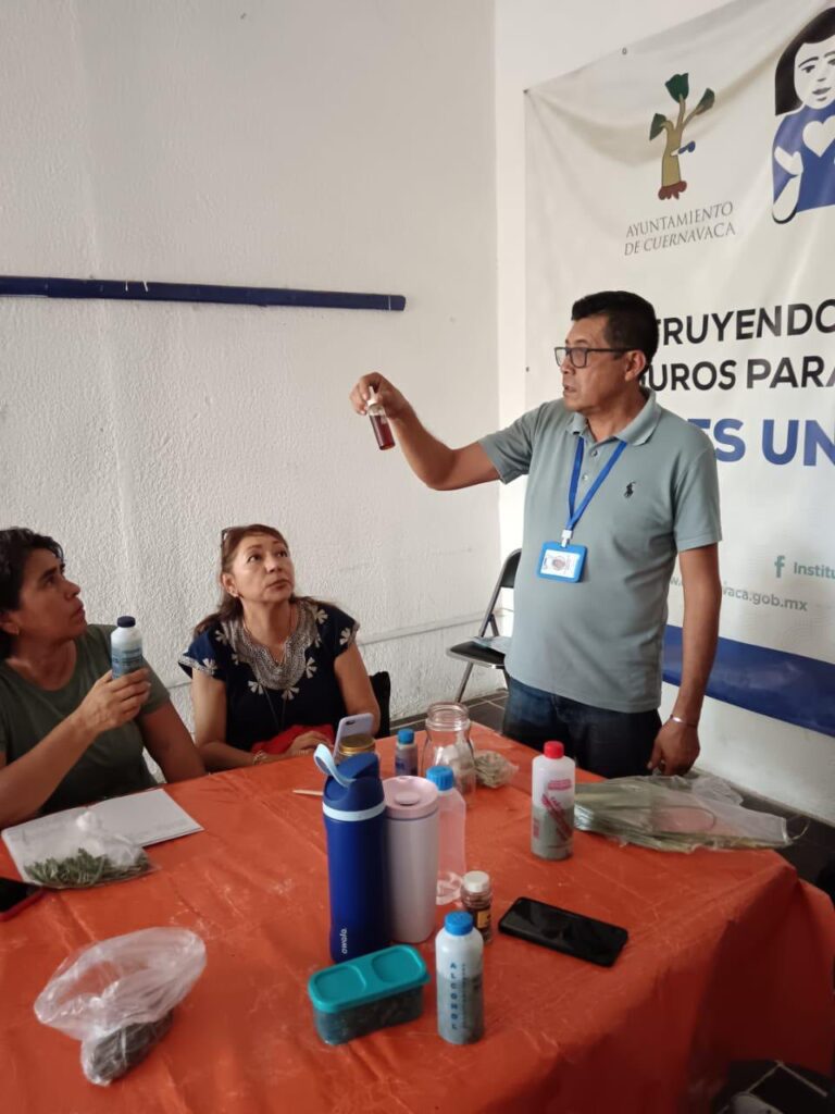 Participantes elaborando repelente natural en taller ecológico organizado por IMC y SAPAC en Cuernavaca.