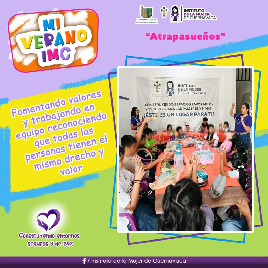 Niñas y niños participan en las actividades de Mi Verano IMC elaborando atrapasueños y realizando juegos colaborativos en un ambiente de aprendizaje y convivencia.