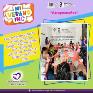 Niñas y niños participan en las actividades de Mi Verano IMC elaborando atrapasueños y realizando juegos colaborativos en un ambiente de aprendizaje y convivencia.